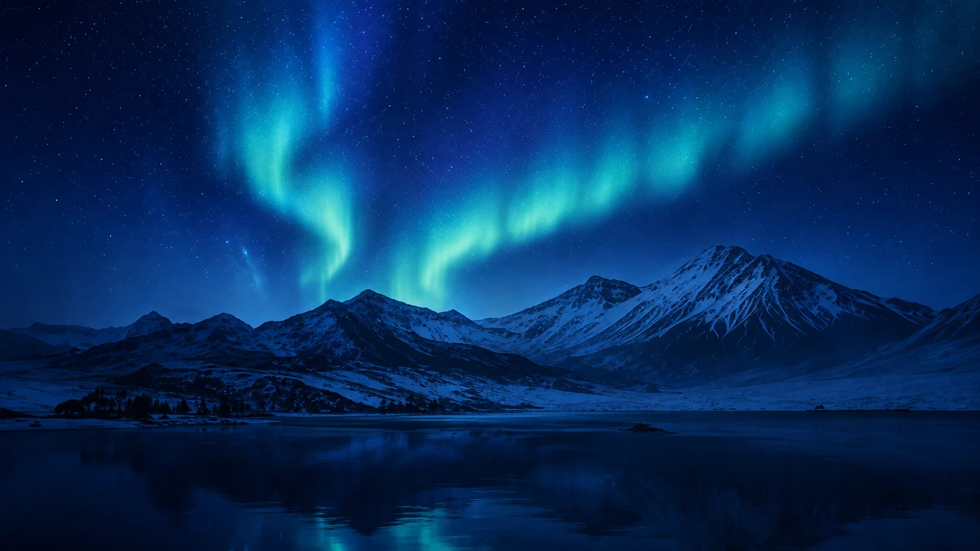 Aurora over blue mountains and lake