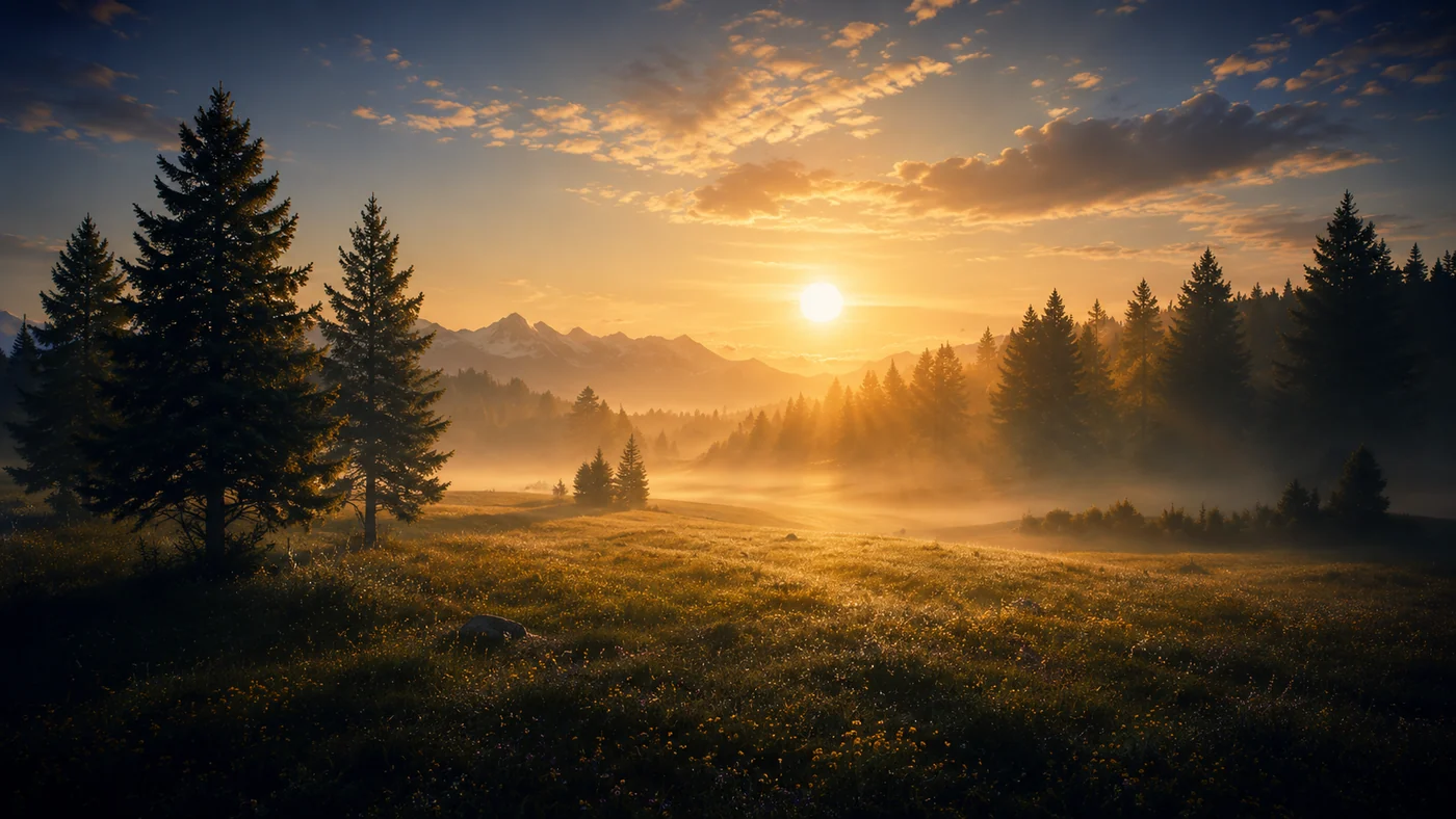 Sunlit forest and mountain landscape