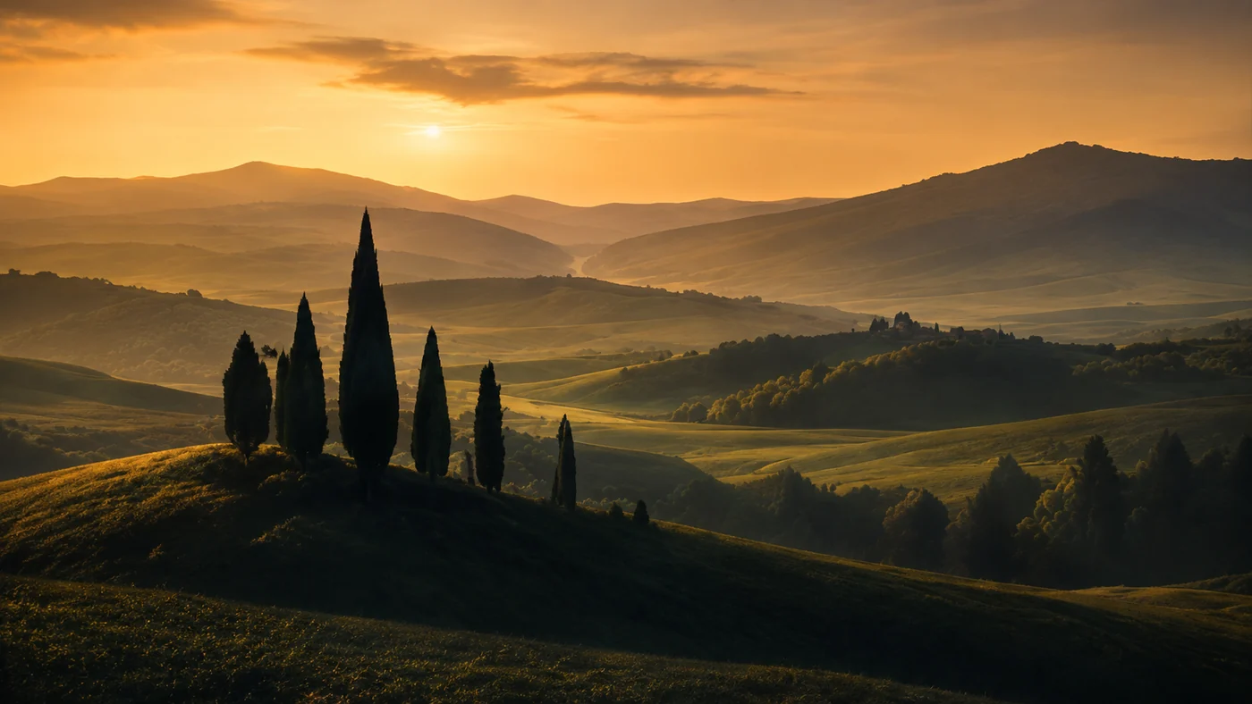 Golden rolling hills and cypress trees