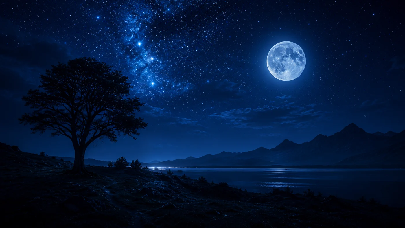 Tree beside a lake beneath a moonlit starry sky