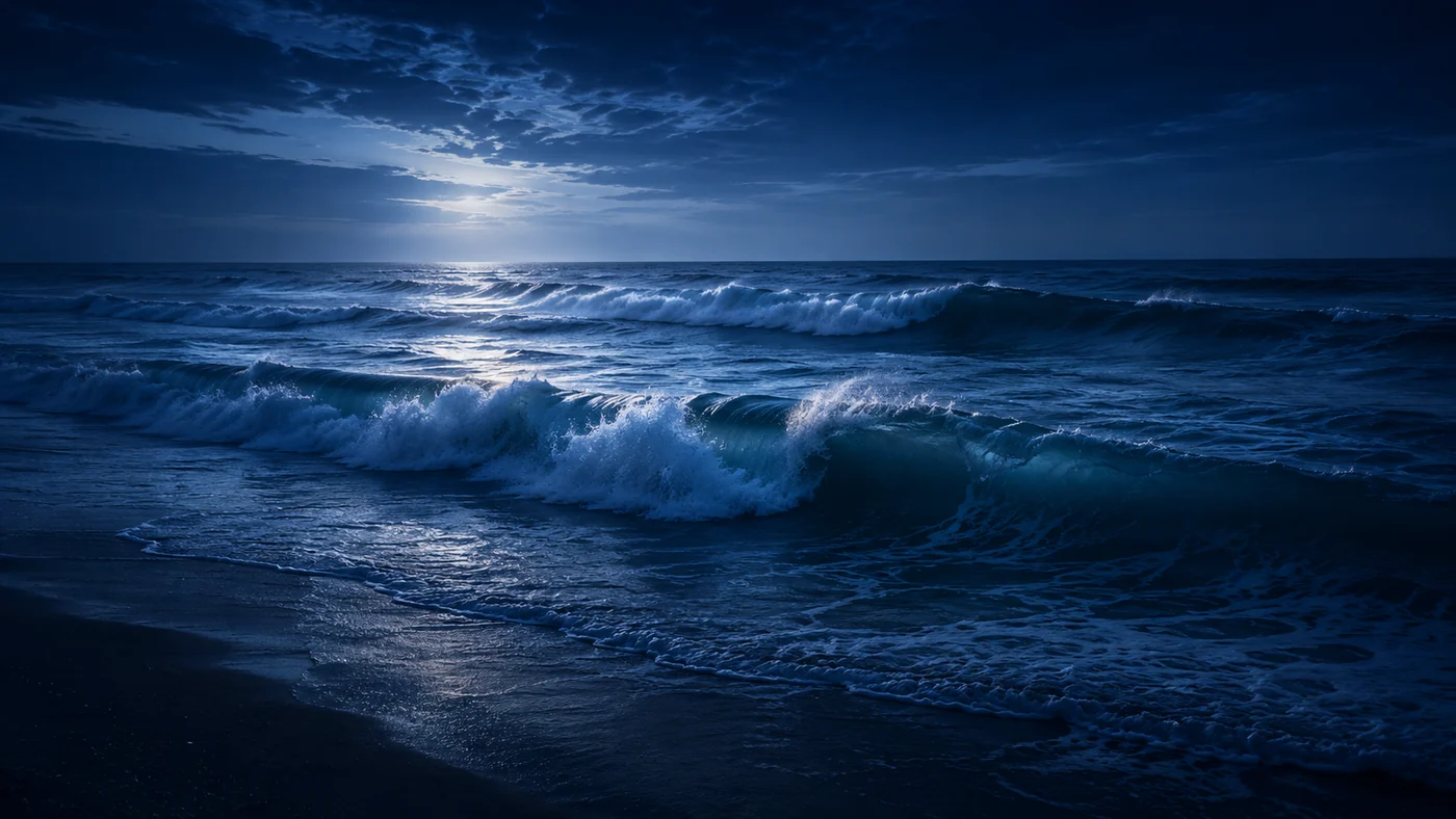Ocean waves under blue moonlight